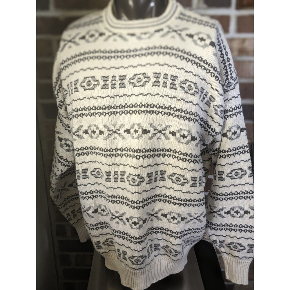 Vtg XL Cosby 90s Knit Sweater Crewneck Geometric Cream/Gray Club International
